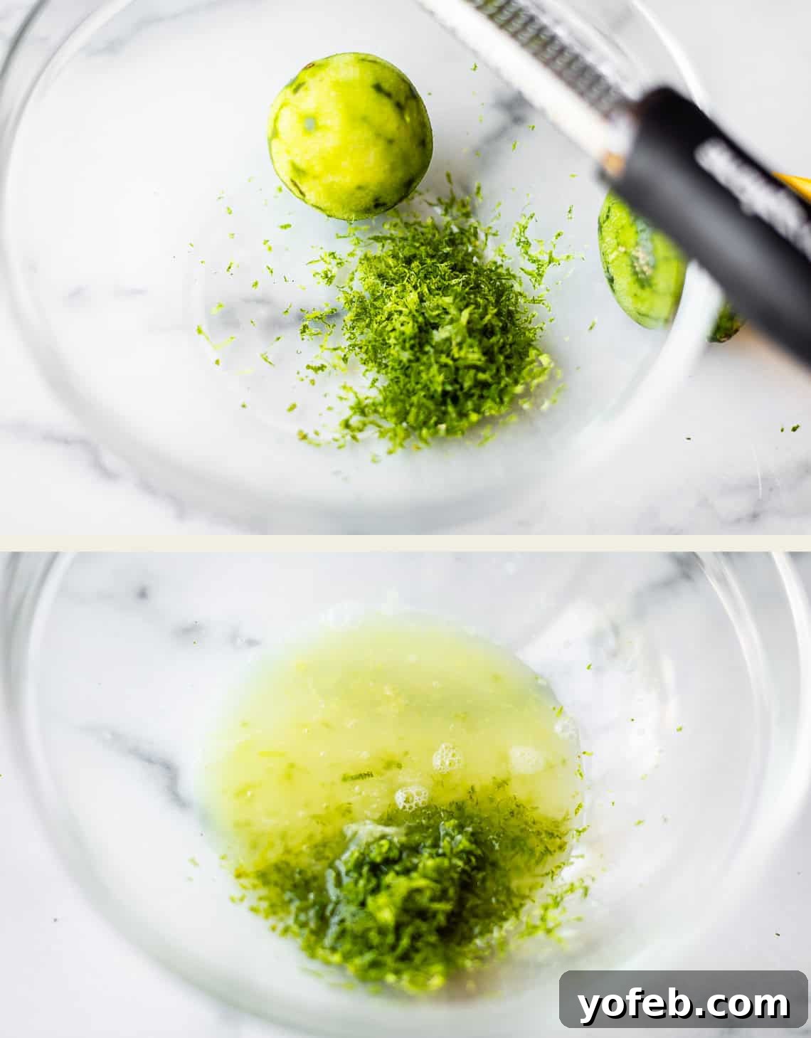 Zesty Mango Salsa Recipe with Lime and Cilantro 9 Top: A bowl with lime zest, a zester, and a lime. Bottom: A bowl with lime juice and zest mixed together.