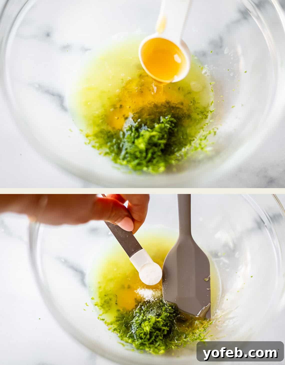 Zesty Mango Salsa Recipe with Lime and Cilantro 10 Two images: a bowl with liquid and green zest, a spoon pouring in yellow liquid above it; a hand adds white powder from a spoon into the same bowl, next to a gray spatula.