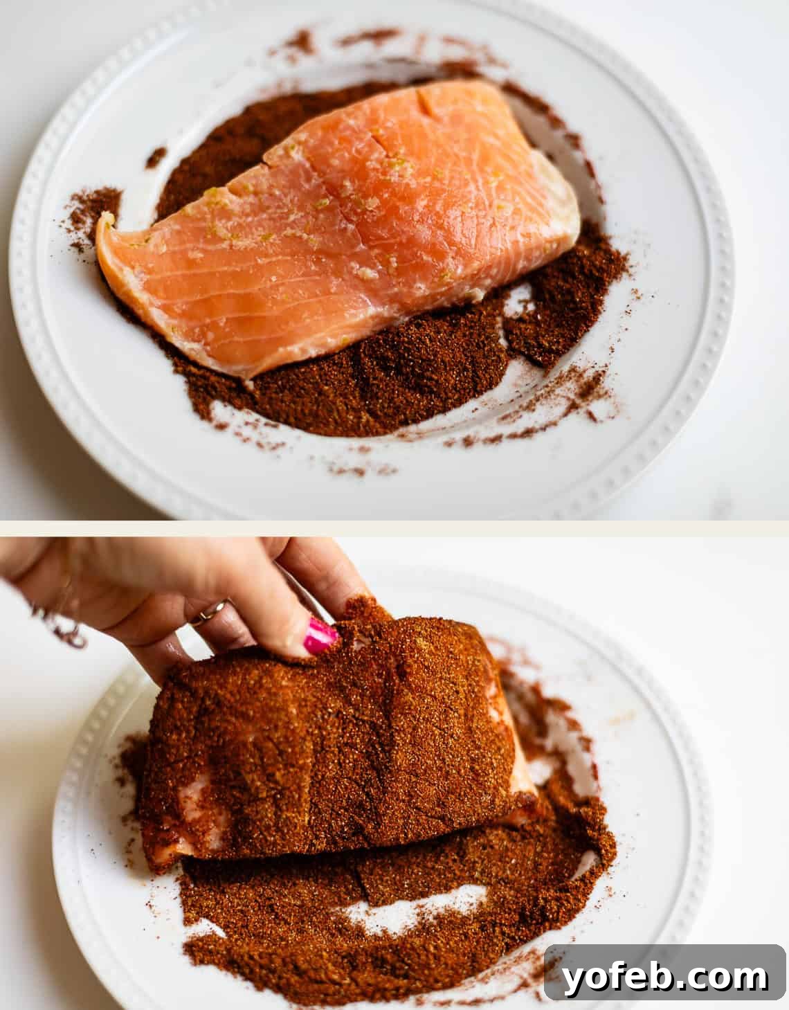 Chili-Lime Blackened Salmon 10 Two images: a raw salmon fillet on a plate with dark spice mix, and a hand rubbing the spice mix onto the salmon, coating it evenly.