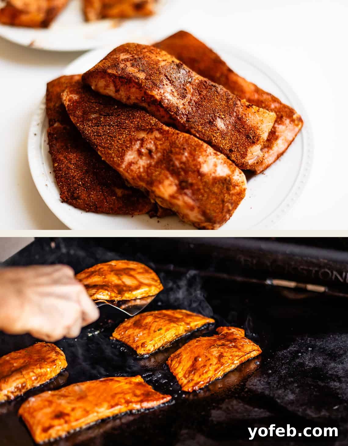 Chili-Lime Blackened Salmon 11 Top: A plate piled with dry-rubbed salmon fillets. Bottom: Salmon fillets being cooked on a hot grill, one piece being lifted with a spatula.