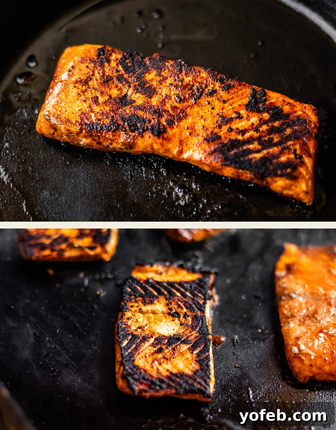 Chili-Lime Blackened Salmon 12 Two close-up shots of a piece of salmon cooking in a pan, with a spicy, well-seared crust and visible grill marks on the surface.