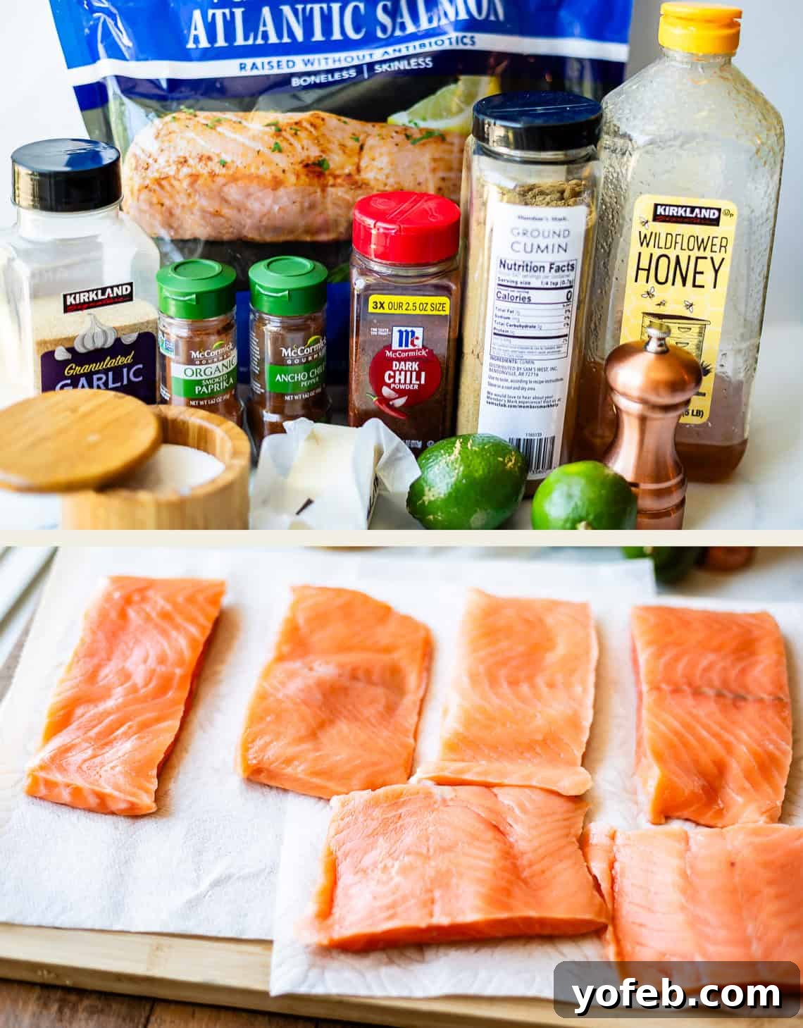 Chili-Lime Blackened Salmon 7 Seasonings, honey, and limes are arranged behind a bag of Atlantic salmon in the top section. Below, six raw salmon fillets rest on paper towels, ready for preparation.