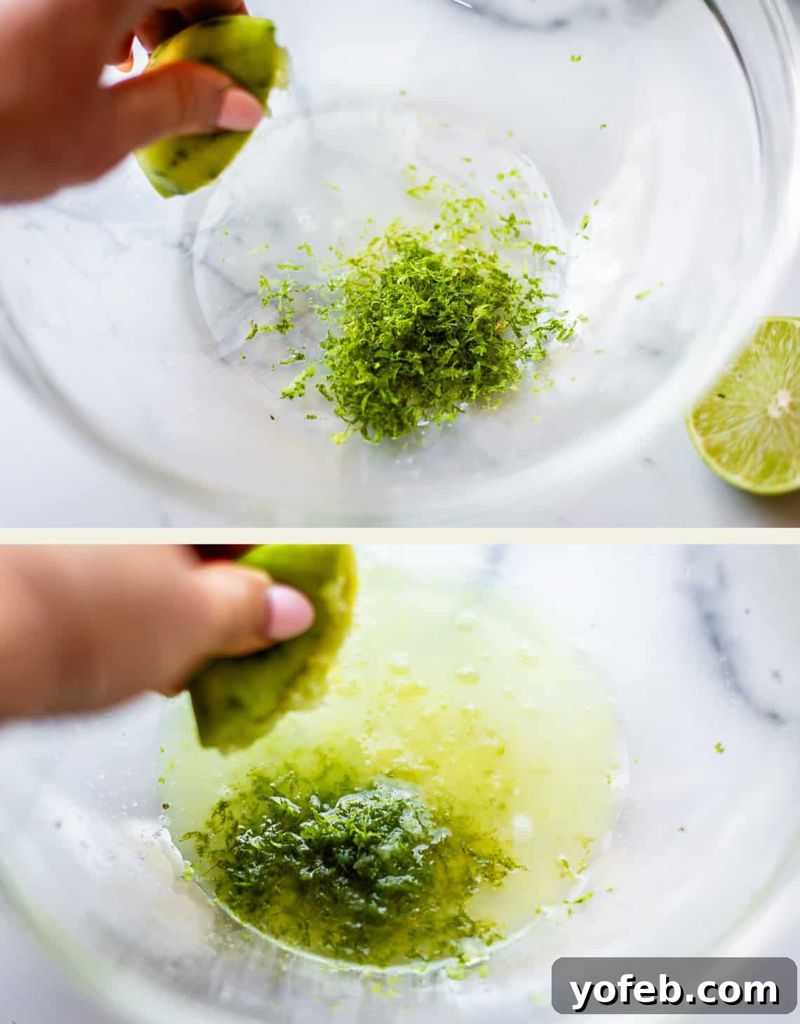Chili-Lime Blackened Salmon 8 A hand grates lime zest into a clear bowl in the top image, and squeezes lime juice over the zest in the bottom image, with a halved lime nearby.