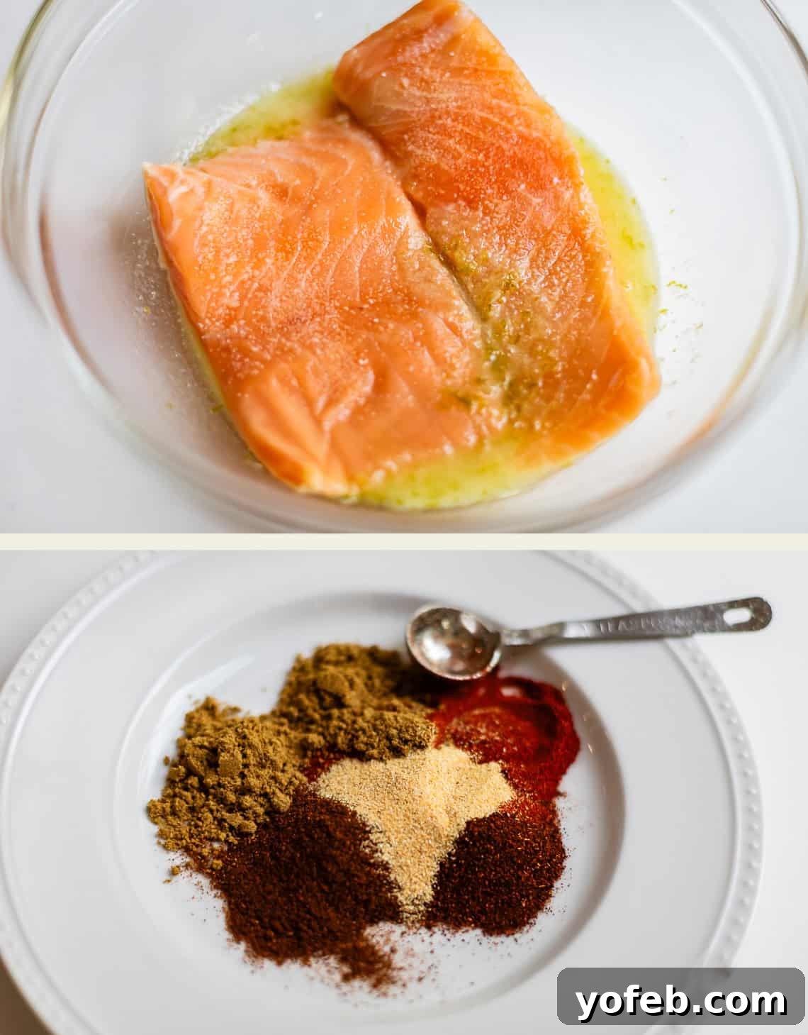 Chili-Lime Blackened Salmon 9 Two raw salmon fillets marinating in a bowl above a plate holding piles of various ground spices and a measuring spoon.