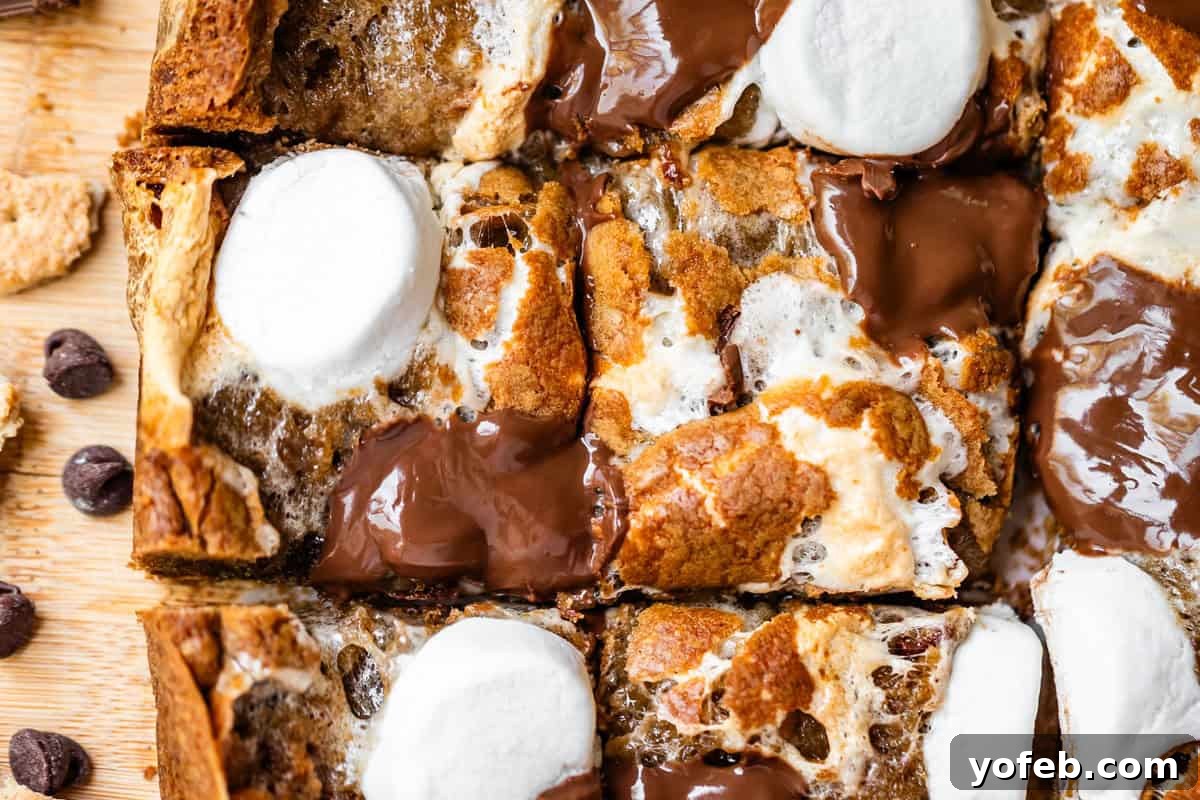 Close-up of gooey smores bars topped with melted chocolate chunks and toasted marshmallows, cut into squares on a wooden surface with scattered chocolate chips nearby.