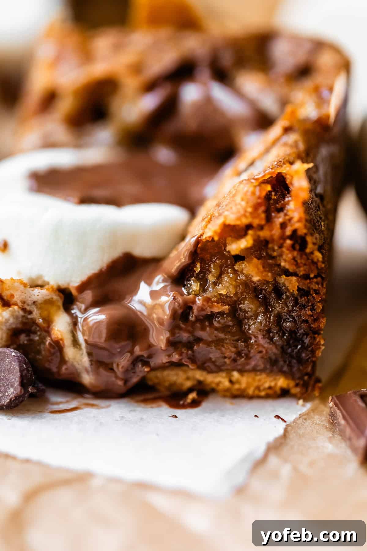 A close-up of a gooey chocolate chip cookie bar topped with melted chocolate and a slice of marshmallow, resting on parchment paper.