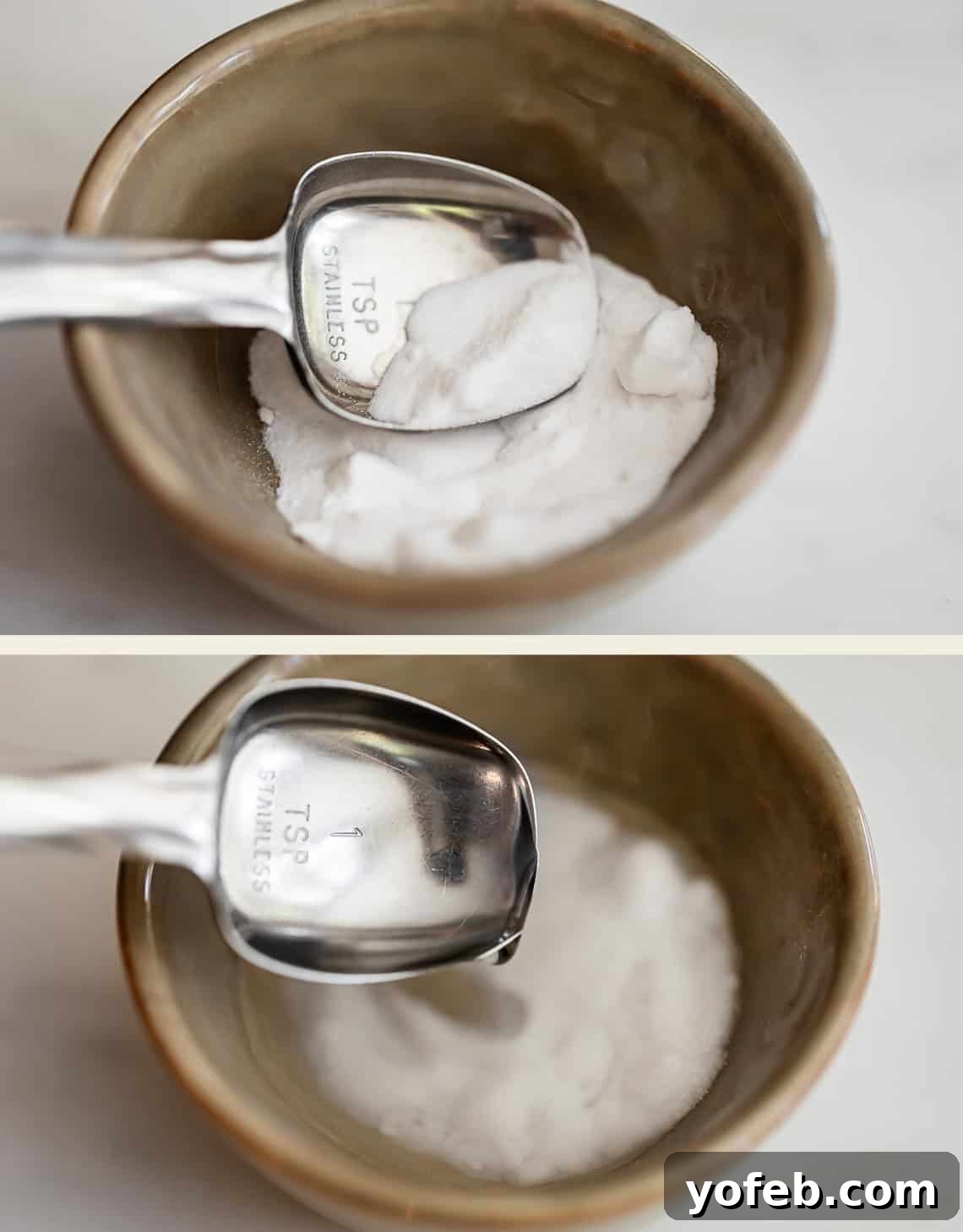 Two photos show a metal teaspoon labeled 1 TSP STAINLESS filled with white powder, possibly baking soda, held above a brown ceramic bowl containing more of the same powder.